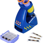Children's toy microscope with slides on a white background