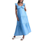 Motherhood Maternity Women's V-Neck Babydoll Ruffle Sleeve Tie-Back Maternity Maxi Pregnancy Dress, Chambray, Small