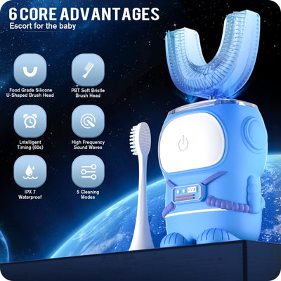 RexCodar Ultrasonic Kids U Shaped Electric Toothbrush,4 Brush Head,Age 6-12