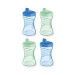 Four children's sippy cups in blue and green on a white background
