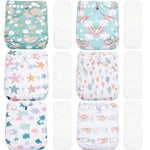 Set of six colorful baby diapers with various patterns on a white background