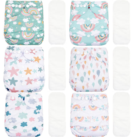Set of six colorful baby diapers with various patterns on a white background