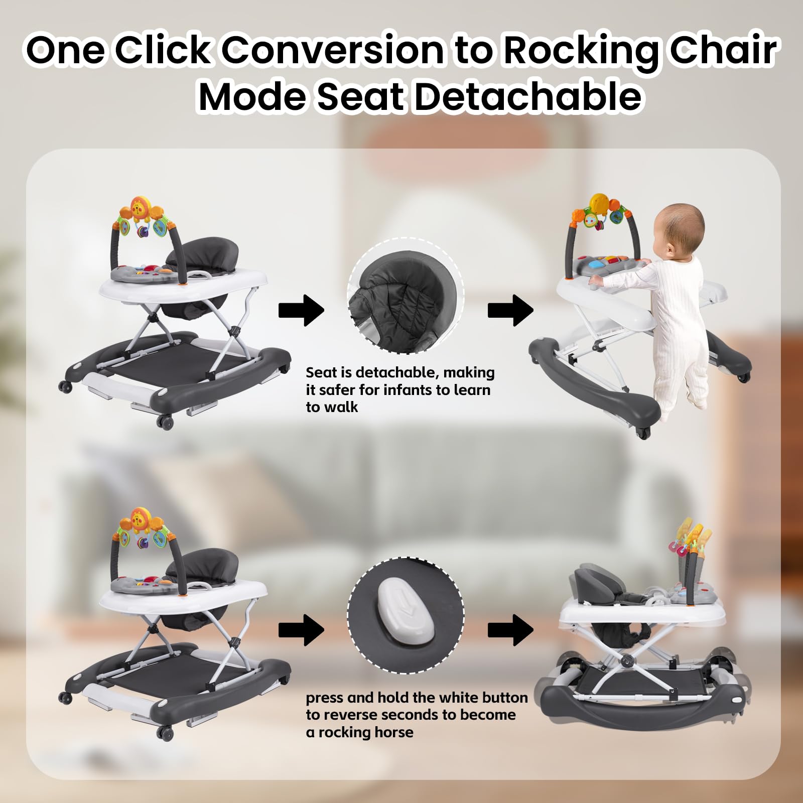 Baby Walker, 5-in-1 Baby Walkers for Boys and Girls 6-12 Months with Bouncer, Removable Footrest, Feeding Tray & Music, Foldable & Adjustable Activity Walker for 6-18 Months Toddler Infant