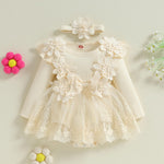 ZAXARRA Infant Baby Girl Romper Dress Baby Dress Romper Flowers Lace Fall Winter Clothes with Headband (Khaki, 0-3 Months)