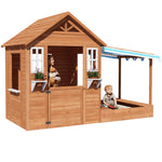 BIRASIL Kids Playhouse with Sandbox, Wooden Outdoor Cottage Play House with Sand Pit for Backyard Garden Ages 3 to 10 Years Old (Brown)