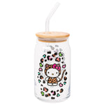 Silver Buffalo Sanrio Hello Kitty in Leopard Print Outfit and Leopard Cat Print Pattern Glass Jar Tumbler with Bamboo Lid and Glass Straw, 16 Ounces