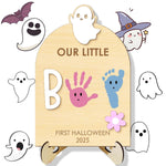 Halloween Baby Footprint Kit Wood Newborn Handprint Sign with Base Baby's First DIY Halloween Keepsake Our Little Boo Board for Baby Boy Gifts (A)