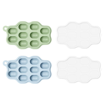 Two silicone ice cube trays, one green and one blue, on a white background.