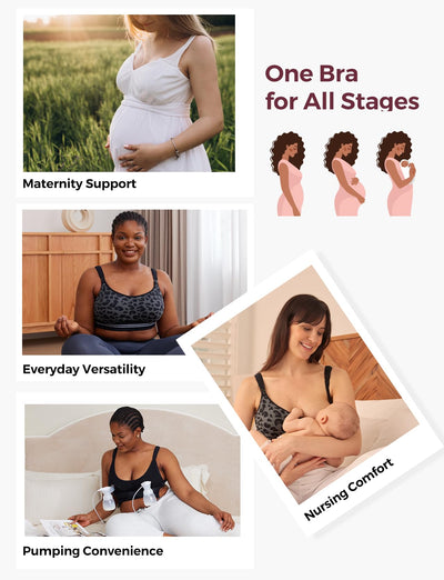 Momcozy Seamless Pumping Bra Hands Free, Fixed Padding Hands-Free Pumping & Nursing Bra, Wireless Comfort Pumping Bra Leopard Black