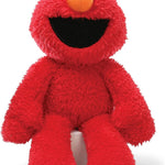 Red plush toy with a large orange nose and white eyes on a white background