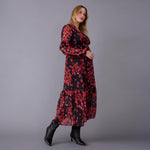 Motherhood Maternity Women's Long Sleeve V-Neck Tiered Maxi Pregnancy Dress with Drawstring, Holiday Floral, Large