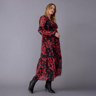 Motherhood Maternity Women's Long Sleeve V-Neck Tiered Maxi Pregnancy Dress with Drawstring, Holiday Floral, Large
