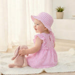Vibebox Baby Girl Dresses 6-9 Months Ruffle Sleeveless Waist Bow Button Dress Gifts Infant Girls 9-12 Months Pink Stripes Summer Beach Garden Party Wedding Sundress Sets with Hat and Underwear