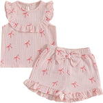BemeyourBBs Summer Toddler Girl Clothes Baby Girl Ruffle Sleeveless Shirt with Buttons Bow Bloomers Shorts Set Cute Outfits
