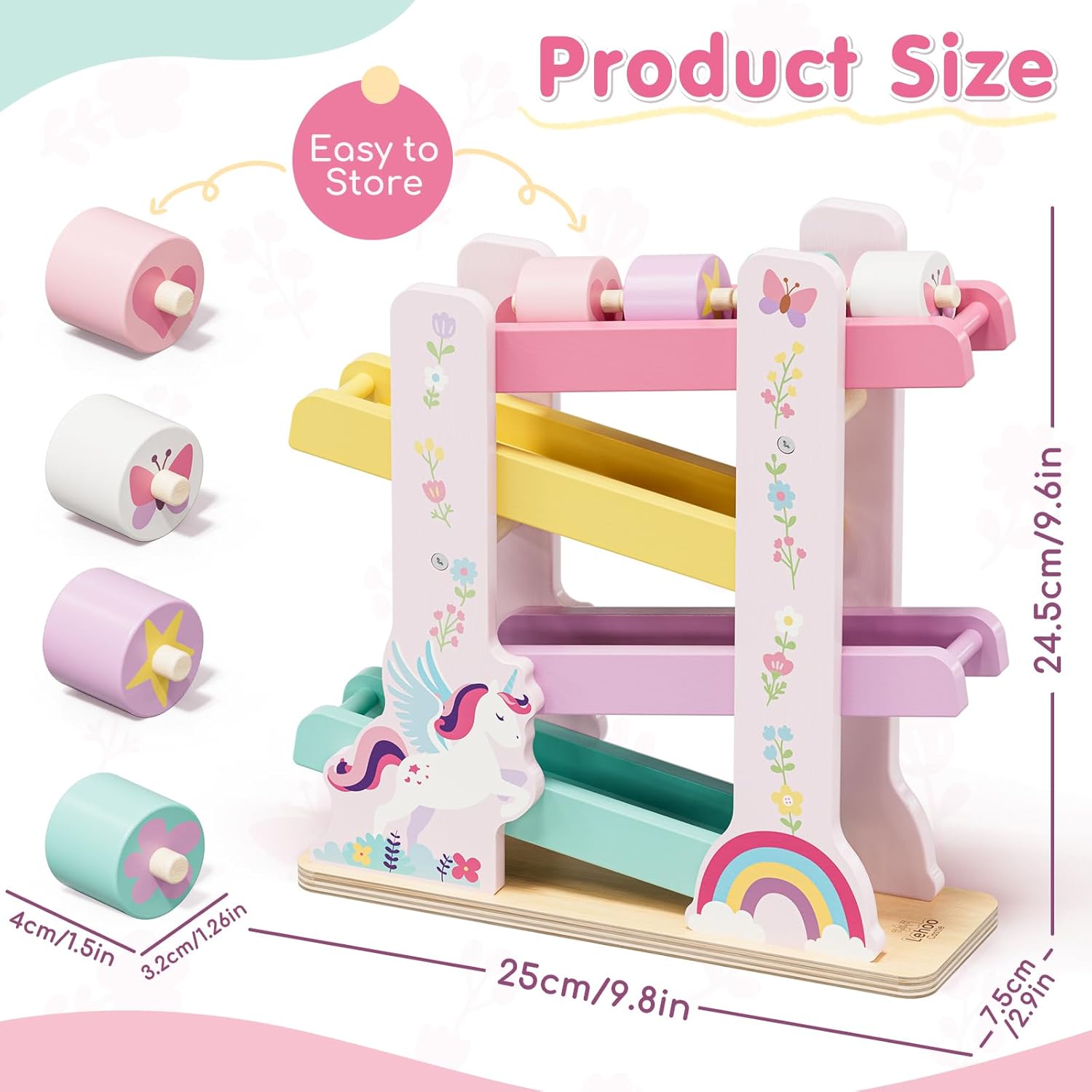 Lehoo Castle Wooden Car Ramp Toys for 1 Year Old Girl Birthday Gifts, Unicorn Montessori Toys for One Year Old, Wooden Race Track with 4 Rollers, for Toddlers 1-3 Year Old
