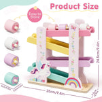 Lehoo Castle Wooden Car Ramp Toys for 1 Year Old Girl Birthday Gifts, Unicorn Montessori Toys for One Year Old, Wooden Race Track with 4 Rollers, for Toddlers 1-3 Year Old