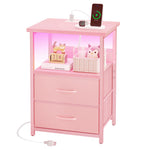 Fixwal Night Stand with Charging Station, LED Nightstand with U-S-B Ports and Outlets, 2 Fabric Storage Drawers with PU Finish, Small Bedside Table, Pink