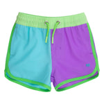 RUGGEDBUTTS Boys UPF50+ Sun Protected Stretch Dolphin Hem Swim Trunks - Neon Bright Aqua Color Block, 3-6m