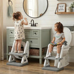 Potty Training Toilet Seat with Step Stool Ladder for Boys and Girls, 2 in 1 Potty Training Toilet, Splash Guard Anti-Slip Pad Step Stool（Gray-White) Pedal Upgrade