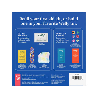 Welly First Aid Kit Refill Carton | Includes Individual Bandages, Cleansing Wipes, Antibiotic Packets, Burn Gel, Hydrocortisone Cream, and Bug Bite Relief Patches | 100 ct