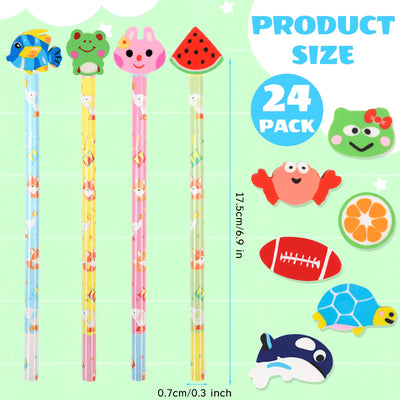 DERAYEE 24PCS Cute Pencils with Fruit Animal Top Eraser, Fun Wooden Pencil for Kids Students Reward Prize Classroom Party Favors