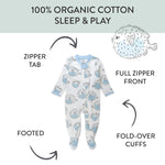 HonestBaby Sleep & Play Footed One-Piece Pajama Sleeper 100% Organic Cotton, Baby Boys, Blow Fish, 0-3 Months
