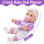 12" Baby Doll with Flower Pattern Backpack Carrier,12 Inch Realistic Baby Dolls with Clothes and Accessories Hanky Pacifier Bottle Diaper Toy Pretend Play Collection for 3+ Child Girls Gifts