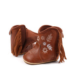 Covvoliy Baby Boys Girls Western Cowboy Boots Non-Slip Soft Sole PU Booties First Walker Crib Outdoor Shoes for Toddler (Light Brown Floral, 6-12 Months)