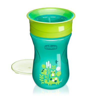 Green and blue sippy cup with frog design on a white background