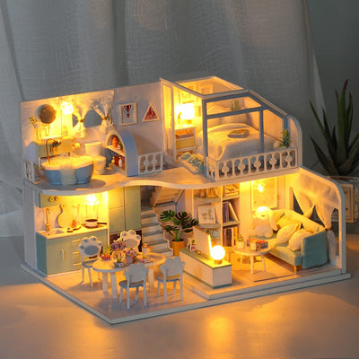 GuDoQi DIY Miniature Dollhouse Kit, Tiny House kit with Furniture, Miniature House Kit 1:24 Scale, Great Gift for Birthday Easter, Beautiful Blue Room