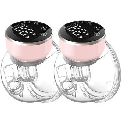 Two pink breast pumps with digital displays on a white background