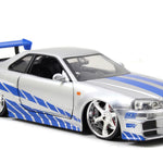 Jada Toys Fast & Furious Brian’s 2002 Nissan Skyline R34 Die-cast Car, 1:24 Scale, Silver & Blue