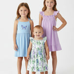 PATPAT Girls Summer Dress Set – Butterfly Floral Print, Light Blue Strap Dress & Lavender Ruffle Sundress, Soft Breathable Clothes for Play & Events, 4–5T
