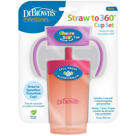 Dr. Brown's Straw to 360° CupSet packaging with pink cup and purple straw lid on a white background