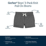 Gerber Baby Boys 3-Pack Pull-On Knit Shorts, Gray & Black, 3-6 Months