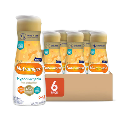 Nutramigen hypallergenic infant formula bottles with a cardboard box on a white background