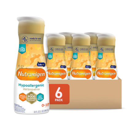 Nutramigen hypallergenic infant formula bottles with a cardboard box on a white background