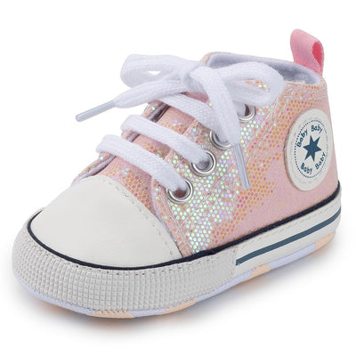 KKIIDDSS Unisex Baby Girls Boys Canvas High-top Shoes, Newborn Infant Anti-Slip Soft Sole Frist Walking Sneakers (B01/Sequin Light Pink,12-18 Months)