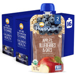 Happy Baby organic baby food pouch with blue packaging and visible branding.