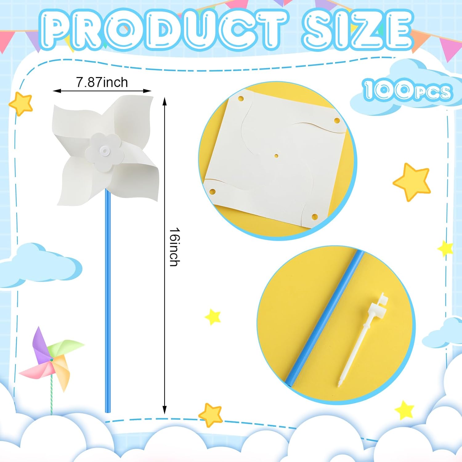 Poen 48 Pcs DIY Craft Pinwheels White Blank Paper Color Your Own Pinwheels for Kids Boys Girls Summer Activity Arts Daycare Project Party Favor, 5 Inches