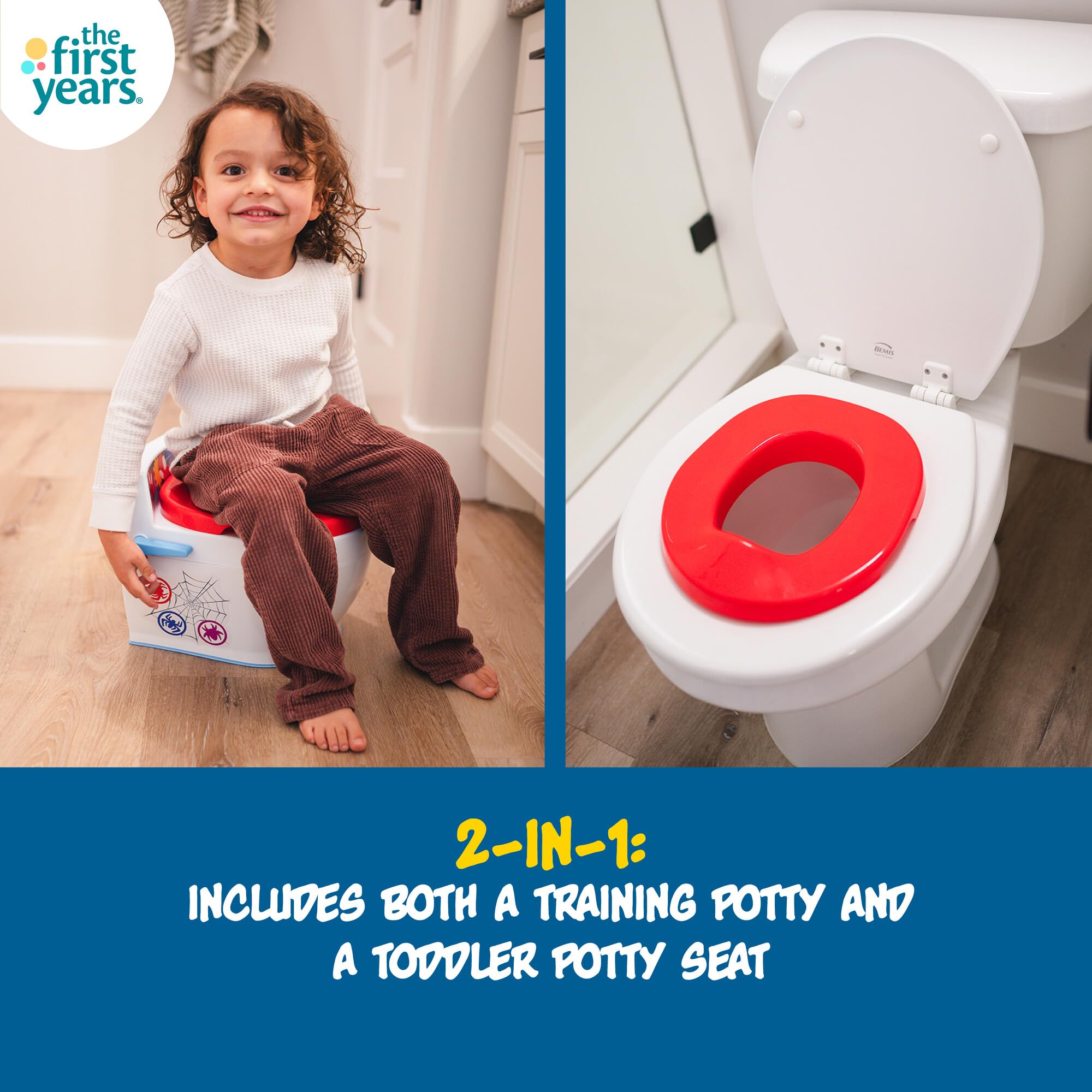 The First Years Spidey and his Amazing Friends Potty Training Toilet - 2-in-1 Potty & Removable Toddler Toilet Seat Attachment with Flush Sounds - Includes Anti-Splash Seat and Non-Slip Grip