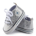 KKIIDDSS Unisex Baby Girls Boys Canvas High-top Shoes, Newborn Infant Anti-Slip Soft Sole Frist Walking Sneakers (B02/Sequin Silver, 12-18 Months)