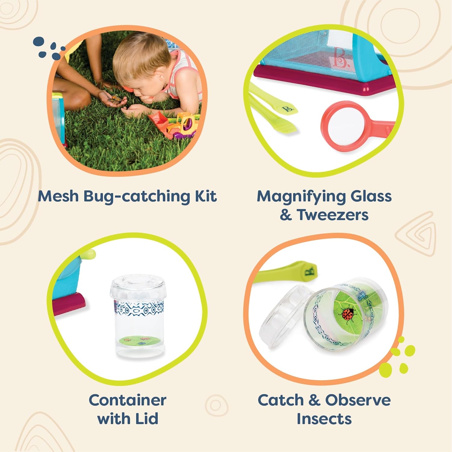 B. toys - Bug Bungalow Insect Catching Kit with Mesh Case, Magnifying Container, Tweezers & Magnifier - Educational Outdoor Toys for Toddlers - Nature Exploration Set for Kids 3+ Years