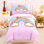 PERFEMET 4 Pieces Toddler Bedding Set Colorful Rainbow Toddler Comforter Set for Girls Pink Blue Purple Tie Dye Kids Bed Set Soft Reversible Star Printed Girl Bed in A Bag (Rainbow Flower, Pink)