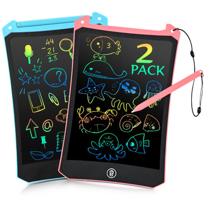 Two electronic drawing boards with colorful drawings on a white background
