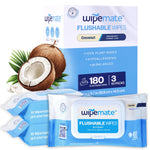 Wipemate Ultra Flushable Butt Wipes, Soothing Vitamin E & Aloe, 99% Water, Coconut Scent Premium Super Soft Hygiene Wipes, Septic & Sewer Safe, 3 Premium Flip-Top Packs, 60 Wipes Per Pack (180) Ct