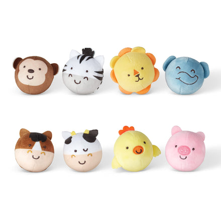Set of colorful animal-themed plush toys on a white background