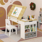 Gyfimoie Kids Art Table and 2 Chairs Set,3 in 1 Wooden Craft Desk with 2 Drawers,3 Fabric Drawers,Storage Shelf,Paper Roll,Learning and Reading, Activity Play Desk for Home