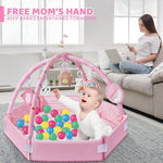 Baby Gym Play Mat, 8-in-1 Tummy Time Mat & Ball Pit with 6 Toys, Washable Baby Activity Mat for Visual, Hearing, Sensory, Motor Development, Babies Gift for Newborn Infant 0-3-6-9-12 Months (Pink)