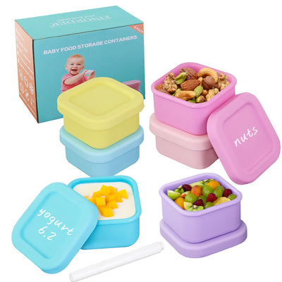 Colorful baby food storage containers with lids and a box labeled 'Baby Food Storage Containers'.